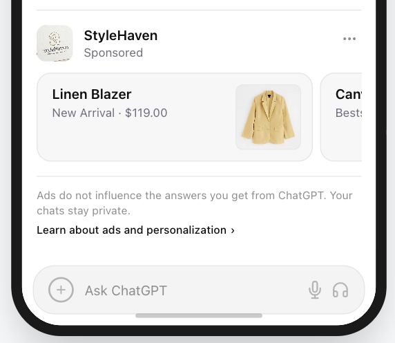 Ad image with enough contrast to remain visible against a beige chat interface background