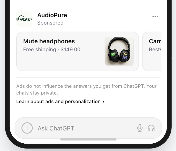 High-contrast ChatGPT ad image with a clear foreground symbol and dark background container